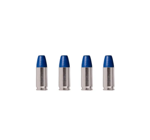 Five silver soldering iron tips with blue plastic caps aligned in a row on a white background.
