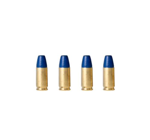 Row of blue-tipped brass bullets standing upright in a line on a white background