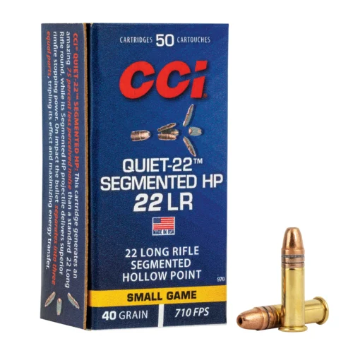 Blue CCi 50-cartridge box labeled Quiet-22 HP 22LR hollow-point with bullets beside it, 40 grain, 710 FPS, USA-made, small game ammo