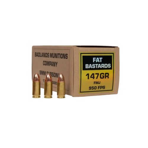 Cardboard ammo box labeled Fat Bastards 147GR FMJ with three copper-jacketed bullets standing in front
