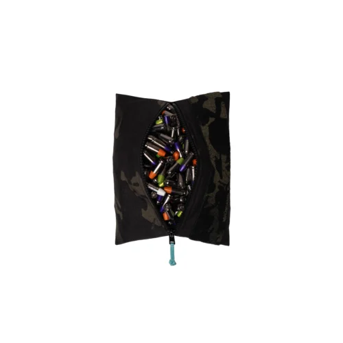 Open camouflage pouch filled with a variety of colorful ammunition cartridges stacked inside the zipper area.