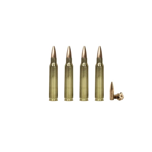 Row of five brass rifle cartridges with copper tips standing upright on a white background, with a sixth bullet lying detached to the right.