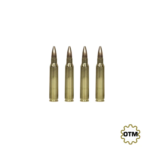 Four copper rifle bullets with brass casings arranged in a row on a white background, bottom-right logo reading 'OTM'.