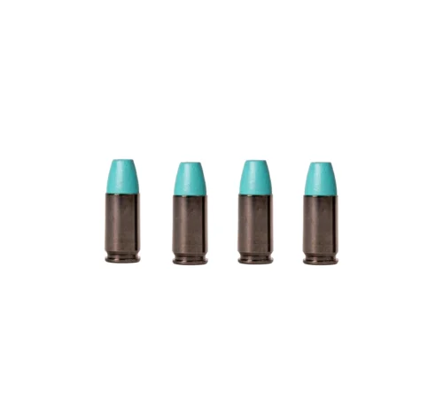Row of turquoise lipstick bullets in dark brown tubes lined up along the bottom edge of the image, against a white background.