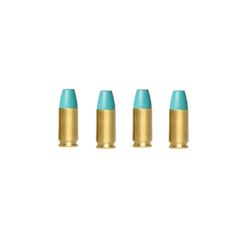 Five turquoise-tipped gold shotgun shells lined up in a row on a white background.