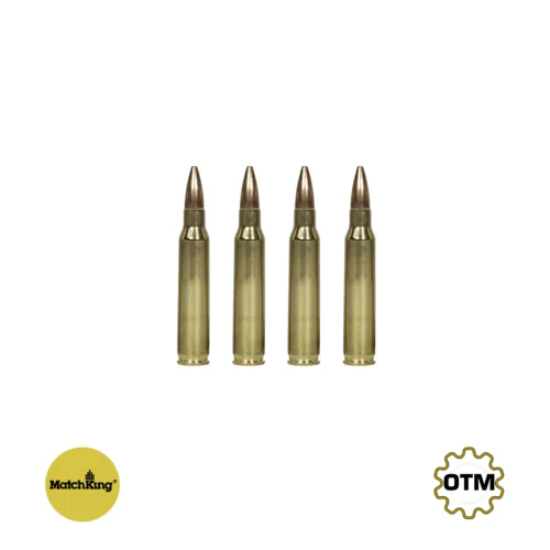 Five rifle bullets aligned horizontally along the bottom with a yellow MatchKing logo on the left and an OTM badge on the right.