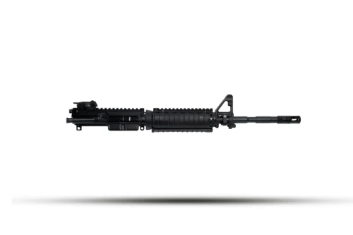 Black AR-style rifle laid horizontally on a white background, showing the upper receiver, handguard with a Picatinny rail, and front sight.