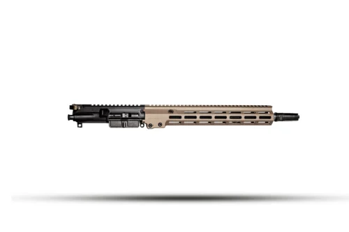 AR-style rifle upper receiver with a tan M-LOK handguard, shown in profile against a white background.