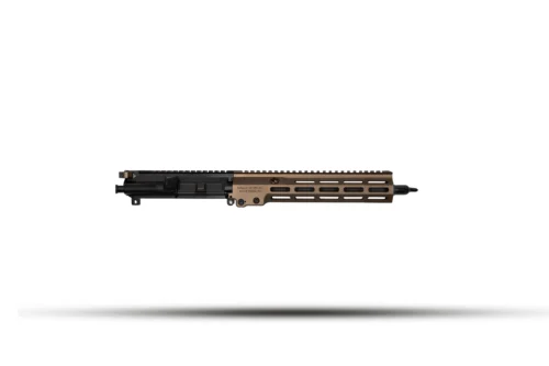 AR-style rifle upper receiver with tan anodized handguard on a white background