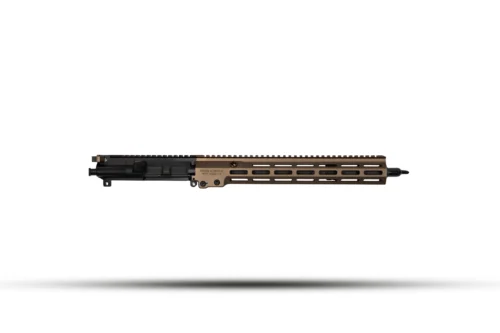 AR-style rifle upper receiver with a tan/brown M-LOK handguard, shown horizontally with muzzle to the right and a black muzzle device at the end.