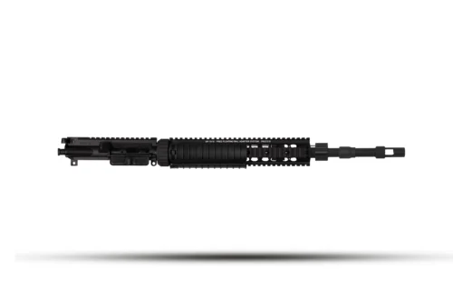 Black AR-style rifle upper receiver with a full-length Picatinny rail and attached handguard, shown horizontally