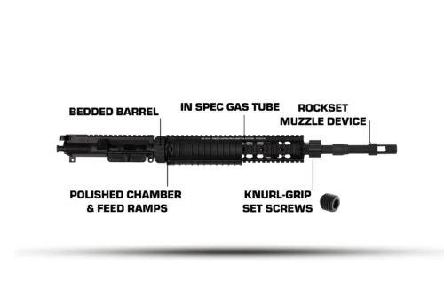 Exploded schematic of a rifle upper receiver with labeled parts: bedded barrel, in-spec gas tube, muzzle device, knurled grip screws, and polished chamber.