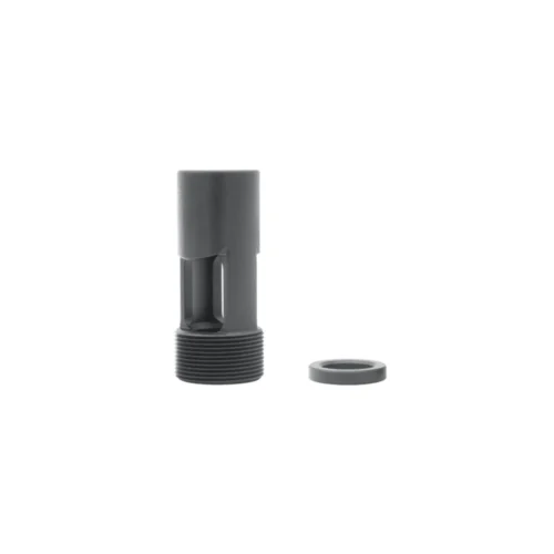 Gray cylindrical mechanical part with external threads at the base and a vertical cutout, shown with a separate washer nearby