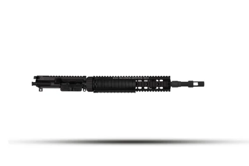 Black rifle upper receiver with a full-length Picatinny rail and handguard, shown from the left side