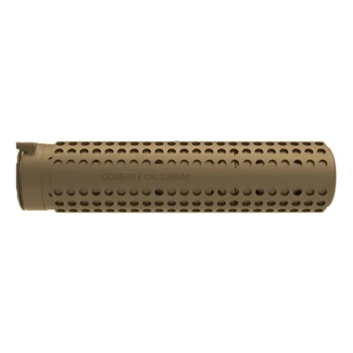 Tan cylindrical firearm muzzle device with perforated holes (QDSS-NT4, 5.56mm) displayed horizontally on white background