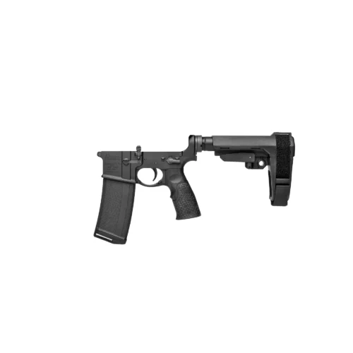Partial view of a black assault rifle with a vertical foregrip and adjustable stock against a white background.
