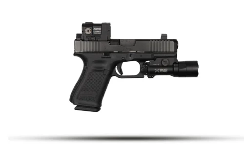 Semi-automatic pistol with a mounted tactical flashlight on the accessory rail.