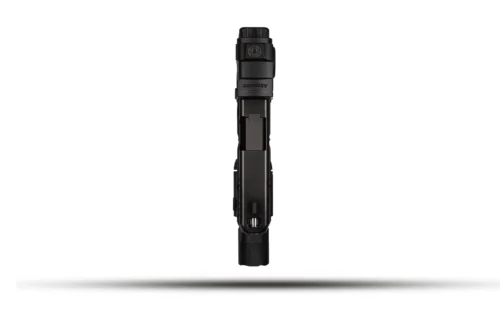 Black tactical firearm flashlight mounted on a rail, shown from above against a white background, with a visible battery compartment on the side.