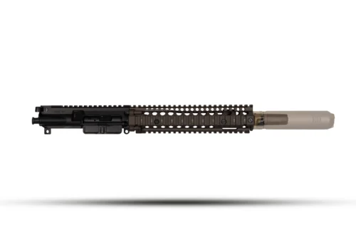 AR-15 style upper receiver with full-length Picatinny rail and tan muzzle device on white background