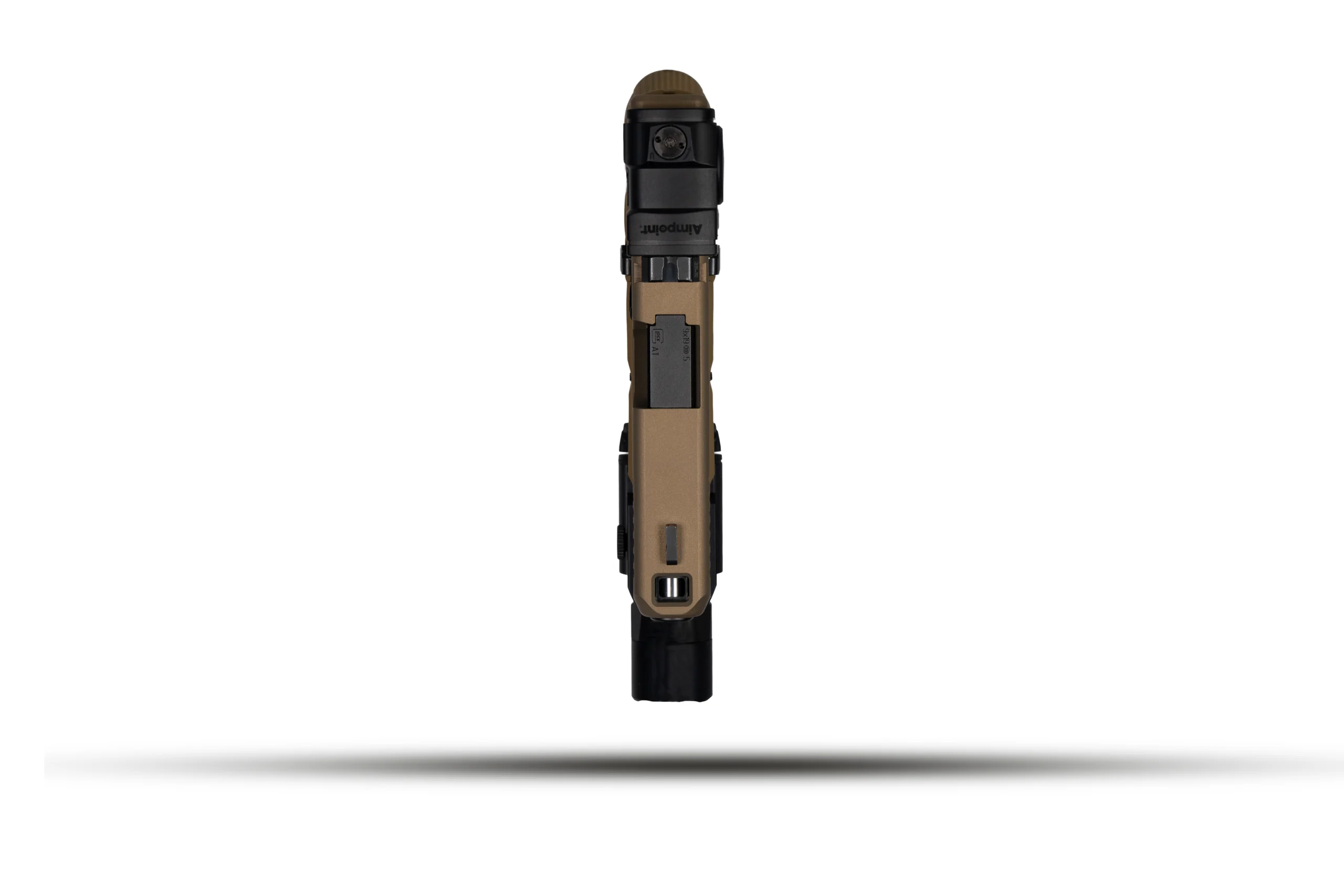 GLOCK G45X TOP VIEW – Badlands Munitions Co Close-up of a tan and black handgun with an Aimpoint optic mounted on the slide and a Picatinny rail below, viewed from the front.