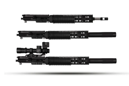 Two black AR-style upper receiver assemblies with full-length Picatinny rails and handguards, shown side by side on a white background; one includes a muzzle device/suppressor at the right edge.