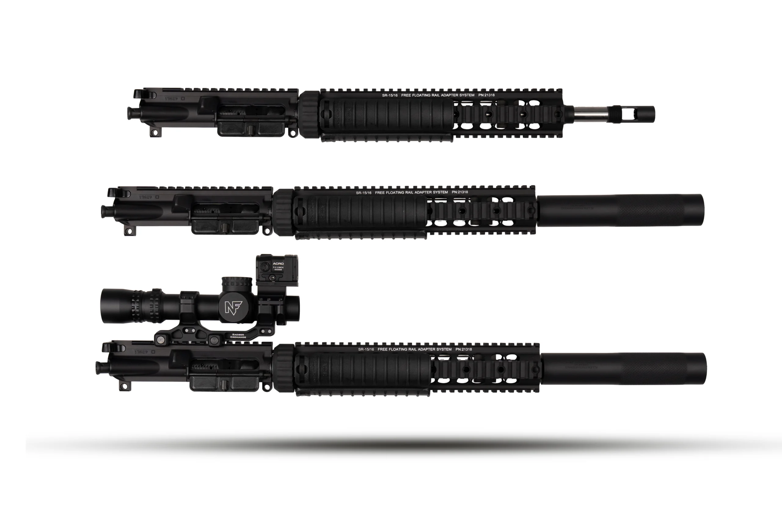 mk12 recce 151 all 3 – Badlands Munitions Co Two black AR-style upper receiver assemblies with full-length Picatinny rails and handguards, shown side by side on a white background; one includes a muzzle device/suppressor at the right edge.