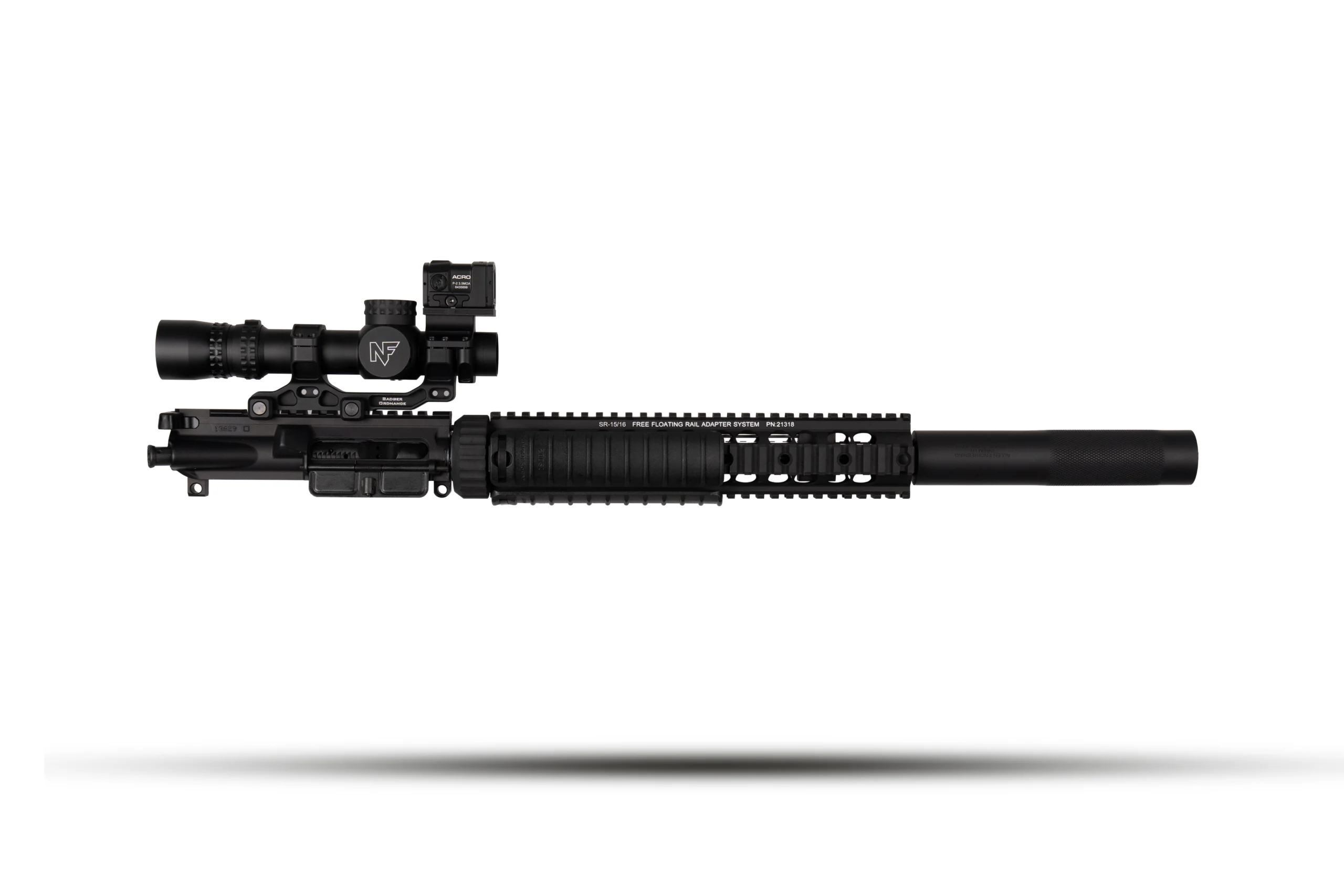 mk12 recce 151 w can and optic – Badlands Munitions Co Semi-automatic rifle with scope and handguard, shown in profile on a white background.