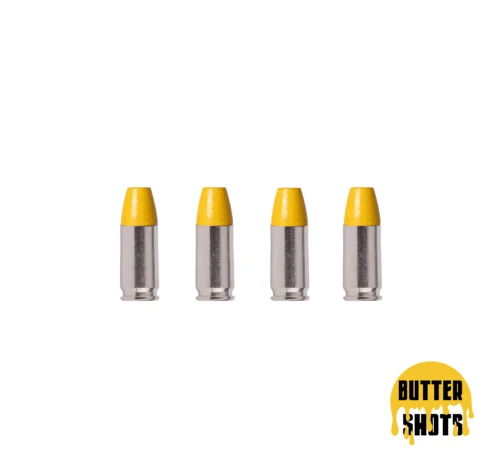 Row of yellow-tipped metal rods standing upright on a white background, with a yellow circular logo containing text in the bottom-right corner.