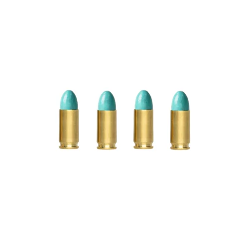 Row of turquoise-tipped bullets with brass casings lined up in a row, facing upward.