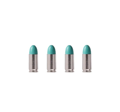 Row of turquoise lipstick bullets in silver cases aligned along the bottom of the frame against a white background.