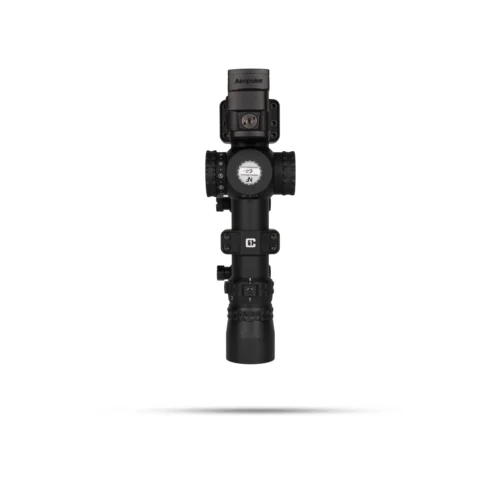 Black tactical optical sighting system with knobs and mounting hardware, labeled Aimpoint, isolated on a white background.