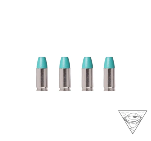 Six turquoise lipstick bullets with silver casings arranged in a row on a white background; an eye-in-triangle watermark in the corner.
