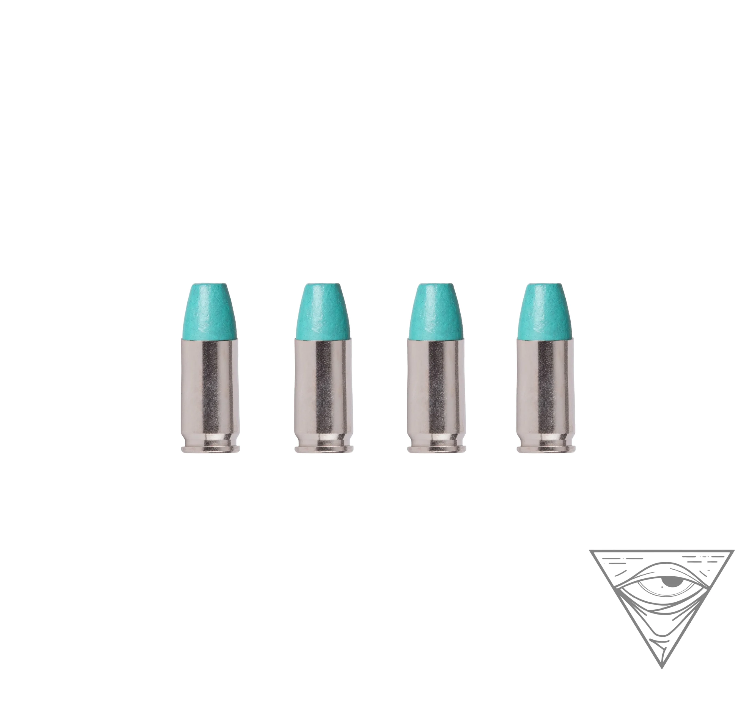 whitephos 147 teal – Badlands Munitions Co Six turquoise lipstick bullets with silver casings arranged in a row on a white background; an eye-in-triangle watermark in the corner.