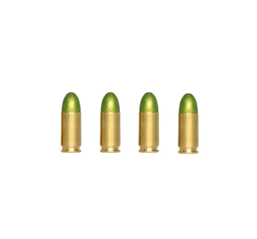 Five green-tipped brass bullets standing upright in a row on a white background, evenly spaced