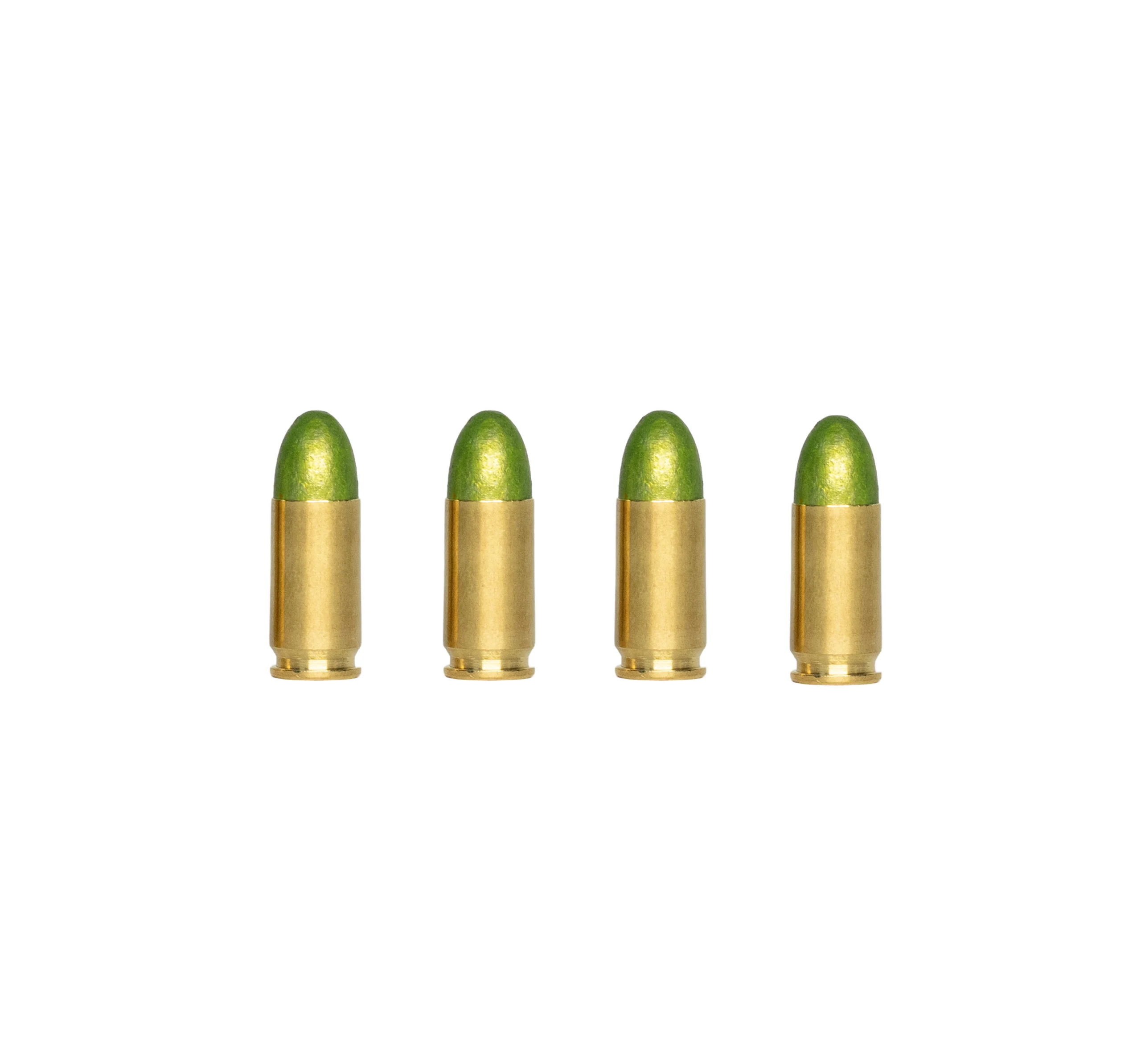 MONEY SHOTS – Badlands Munitions Co Five green-tipped brass bullets standing upright in a row on a white background, evenly spaced