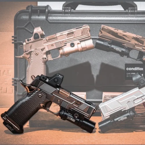 Two semi-automatic pistols with mounted lights and optics resting on a hard protective case; one black with a textured grip, one tan with accessories nearby.