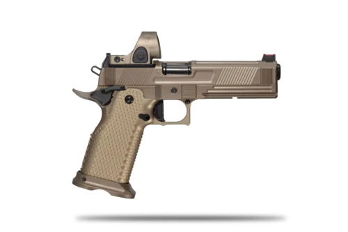 Desert tan semi-automatic pistol with a mounted red-dot sight.