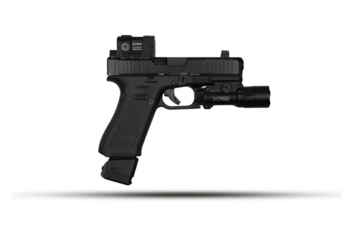 Handgun (semi-automatic) with attached red-dot sight and tactical flashlight on a raised rail system, isolated on white background