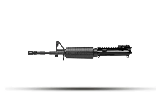 Black AR-style rifle laid horizontally across a white background with a soft shadow beneath it.