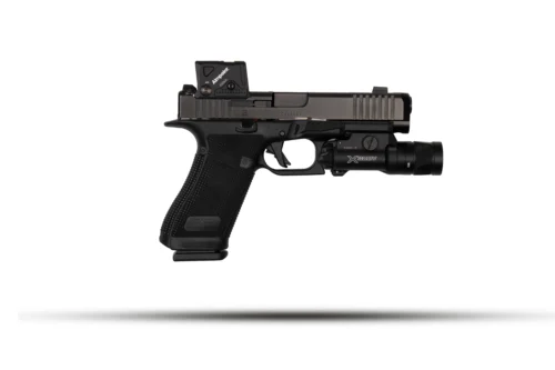 Black semi-automatic pistol with a mounted tactical flashlight, shown in profile against a white background.