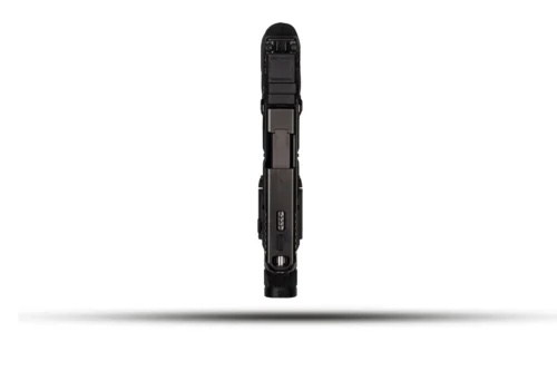 Vertical close-up of a black firearm grip with rails and a gray battery-like component, isolated on white background.