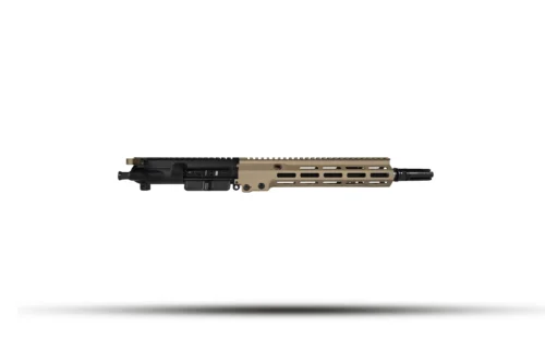 AR-style rifle with tan handguard and black receiver laid horizontally on a white background