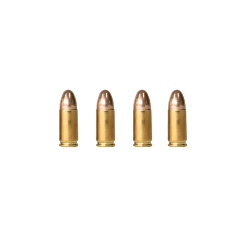 Five brass rifle cartridges with copper tips lined up in a row on a white background