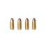 Five brass rifle cartridges with copper tips lined up in a row on a white background