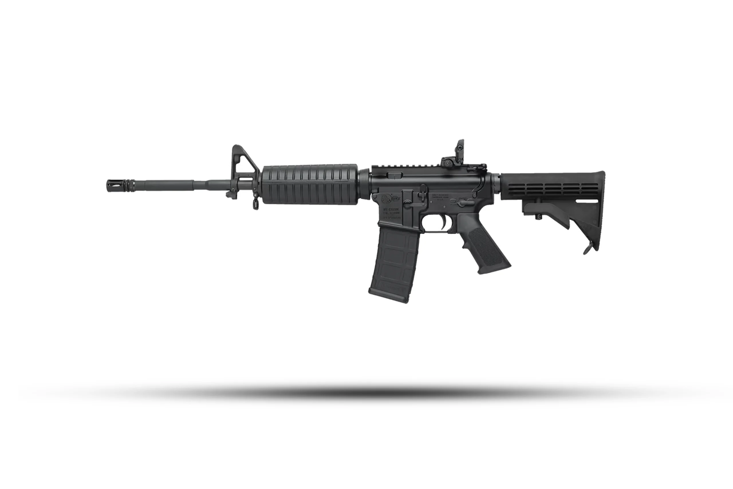 COLT 145 – Badlands Munitions Co Side view of a black assault rifle with a collapsible stock and ribbed fore-end