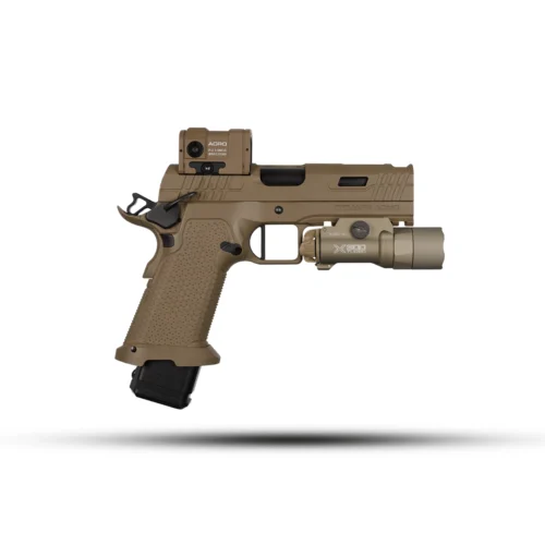 Tan tactical handgun with a red-dot sight and attached flashlight, suspended above a soft shadow.