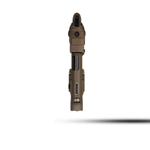 Top‑down view of a tan firearm upper/receiver with rail and bolt, shown against a white background.