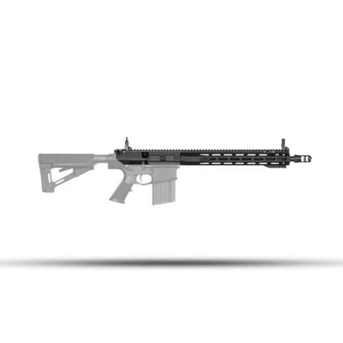 Black semi-automatic rifle with adjustable stock and long rail handguard in profile.