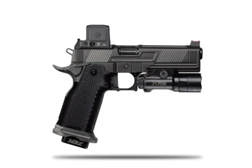 Black semi-automatic pistol with a textured grip and a mounted tactical flashlight on the rail, shown against a white background with a soft shadow beneath.