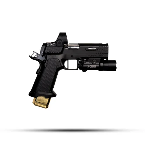 Close-up of a black semi-automatic pistol with a gold-colored magazine part and a mounted tactical accessory under the barrel.